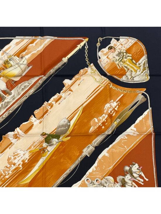 HERMES Scarf Carre 90 GRONLAND Greenland Eskimo Dog Sled  Hermes Carre 90 Gronland Green Land Eskimo Dog Sled Silk Scarf Black